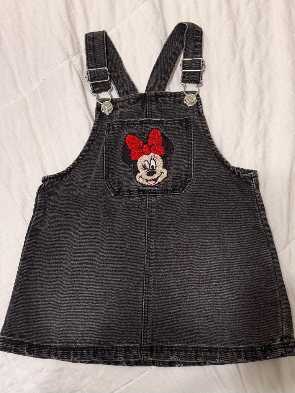 Zara Black Denim Minnie Mouse Overall Dress with Red Bow